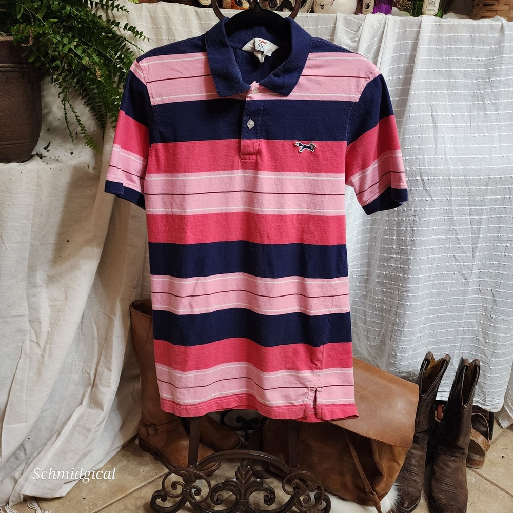 Retro Fox Mens Polo Shirt Pink Navy Blue Striped Short Sleeve Fox Logo Small